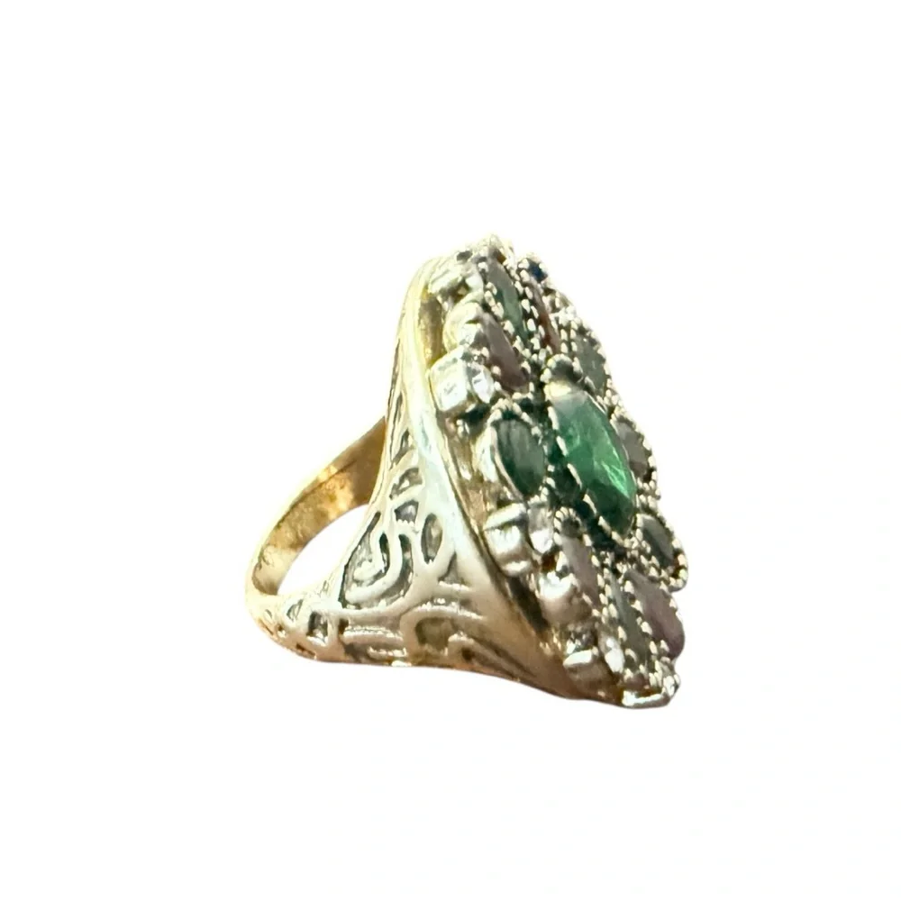 1990’s Vintage Silver Statement Ring w/ Ruby Red & Emerald Green Stones, ‎ 6.5